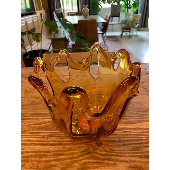 Handcrafted Murano Art Glass Amber Decorative Bowl 9" X 7"  Italy O10112 - Picture 2 of 7